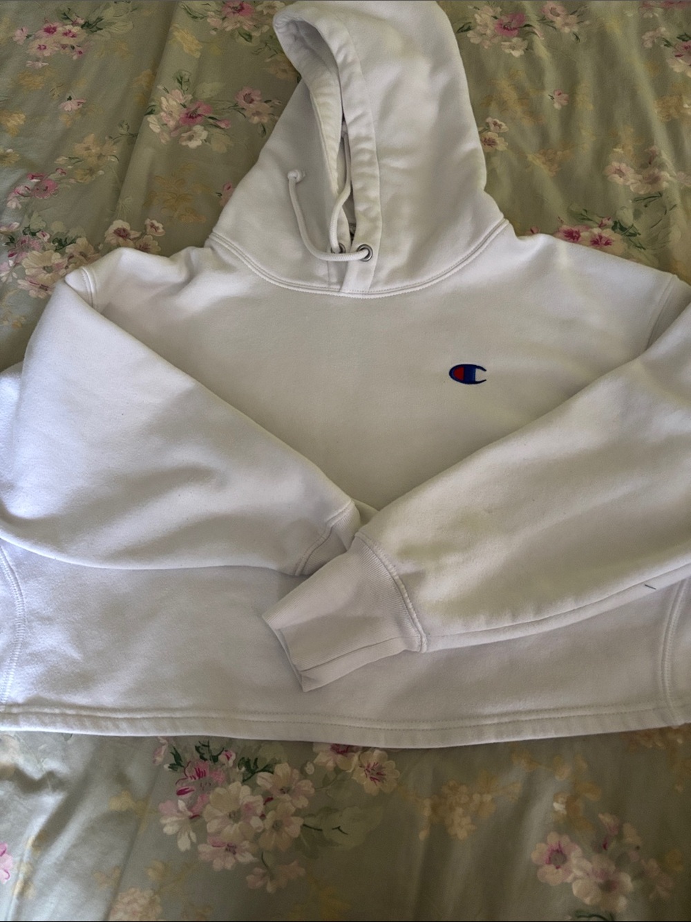 Champion White Women’s' Cropped Pullover Hoodie with Small Logo